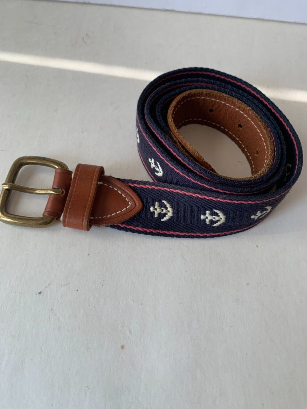 J. CREW NAUTICAL RIBBON ANCHOR BELT  70% COTTON 30% POLYESTER  TRIM 100% LEATHER